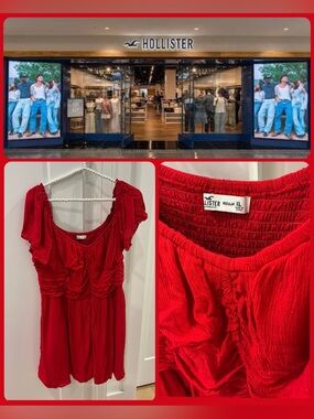 💃 DARLING Hollister Red Ruched Smock Short Mini Dress XL 💃